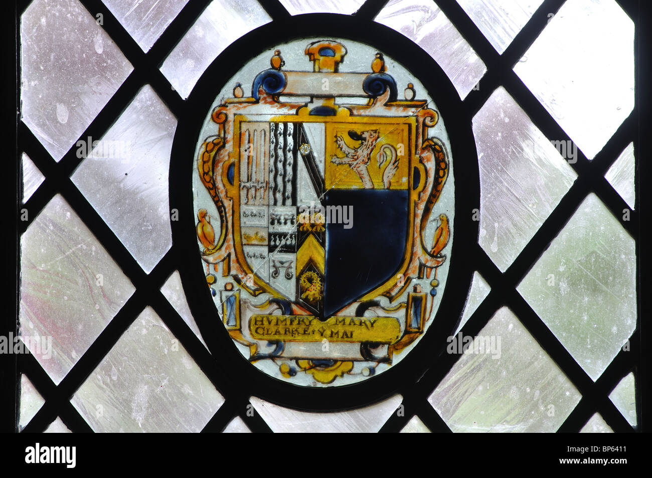 Heraldic stained glass in St. Mary`s Church, Turville, Buckinghamshire, England, UK Stock Photo